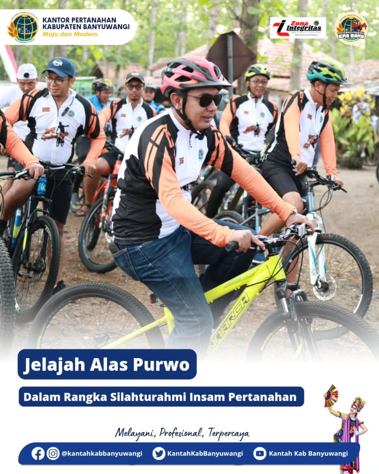 Mengakhiri akhir pekan, Kantor Pertanahan Kab. Banyuwangi menyelenggarakan Jelajah Alas Purwo dengan Gowes bersama, Minggu (10/11/2024). Semua peserta mengayuh sepeda dengan menempuh jarak sekitar 11 Km, yakni dari Lapangan Kampunganyar Kalipait menuju pos Rowo Bendo, Pantai Pancur hingga menuju pantai G-Land. Kepala Kantor Pertanahan Kab. Banyuwangi memimpin rombongan pesepeda ini. Selain dalam rangka menjaga kebugaran tubuh, Gowes tersebut juga dalam rangka menjaga silahturahmi karena diikuti oleh Jajaran Kantor Pertanahan Kab. Probolinggo, Jajaran Kantor Pertanahan Kab. Banyuwangi, Ikawati Kantah Banyuwangi, Pensiunan Kantah Banyuwangi, ASN, PPPK, PPNPN, serta siswa magang. Dengan adanya kegiatan ini, diharapakan menjadi motivasi seluruh insan pertanahan agar melakukan olahraga setiap harinya untuk dapat menjaga stamina tubuh agar dapat bekerja optimal.