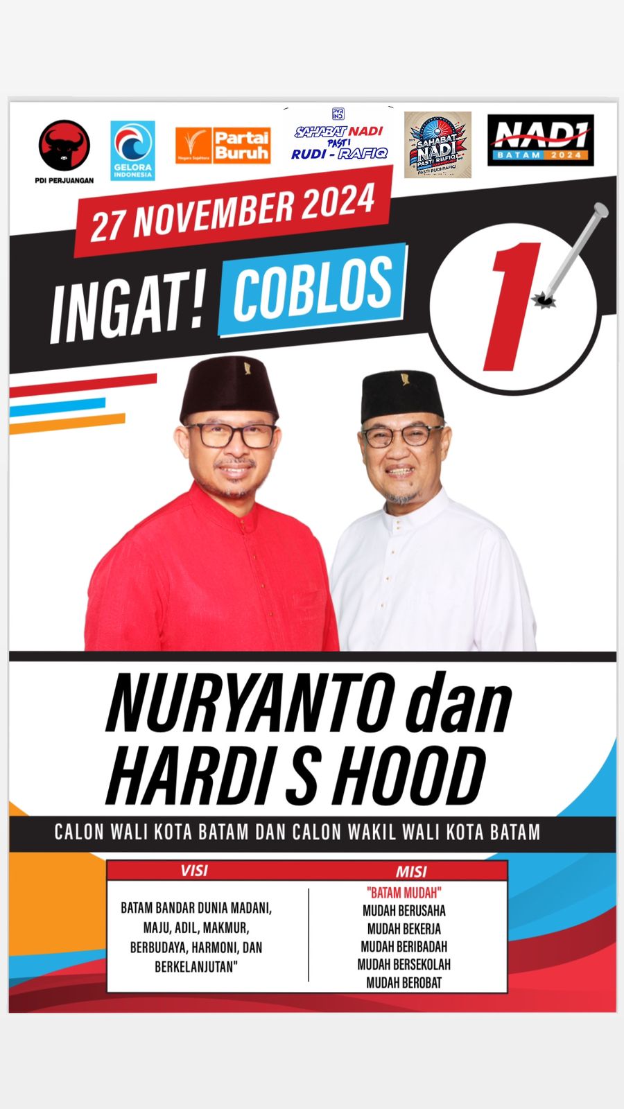 Coblos No: 1 NADI (Nuryanto-Hardi S. Hood) untuk Walikota dan Wakil Walikota Batam Periode 2025-2030