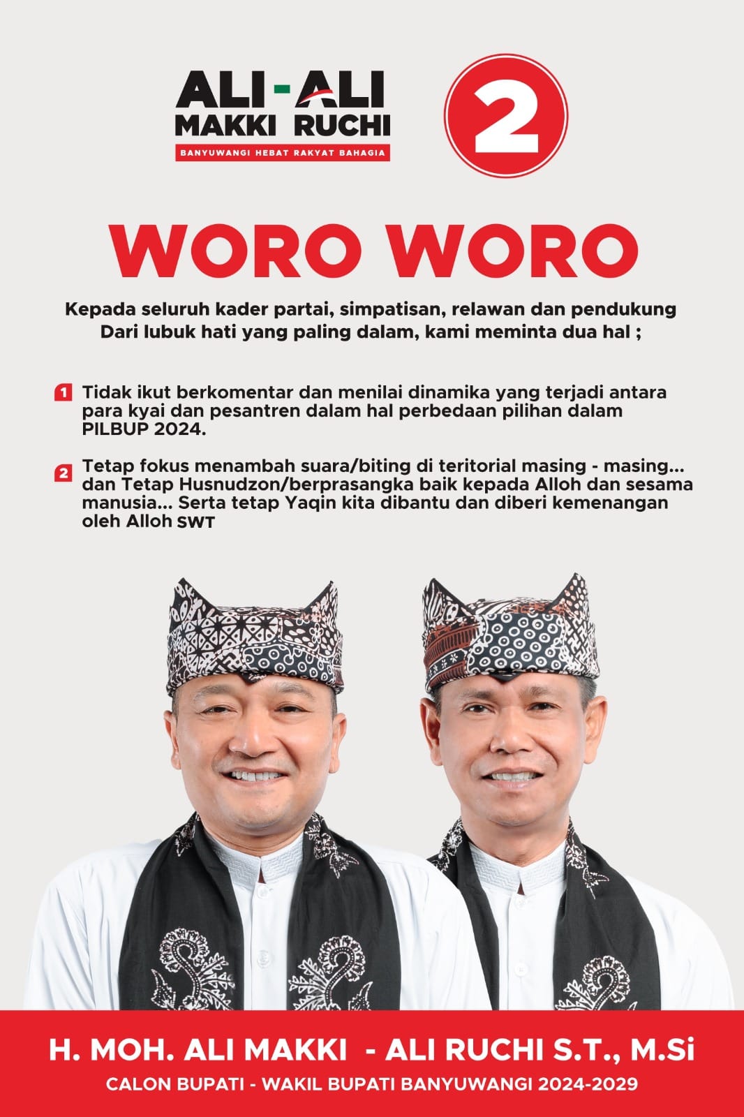 Paslon No. 2 "Ali-Ali" Minta Dukungan Tanpa Campur Tangan Agama di Pilbup Banyuwangi 2024