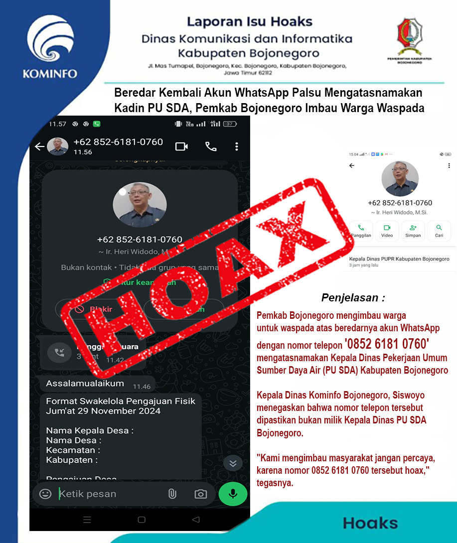 Pemkab Bojonegoro Imbau Warga Waspada Akun WhatsApp Palsu Mengatasnakan Kadin PU-SDA Bojonegoro