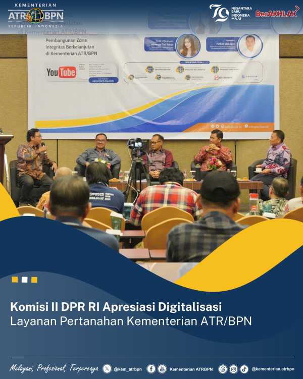 Komisi II DPR RI Apresiasi Digitalisasi Layanan Pertanahan Kementerian ATR/BPN Bekasi - Kementerian Agraria dan Tata Ruang/Badan Pertanahan Nasional (ATR/BPN) mendapatkan apresiasi dari Komisi II Dewan Perwakilan Rakyat Republik Indonesia (DPR RI) atas implementasi Sertipikat Tanah Elektronik sebagai bagian dari digitalisasi layanan pertanahan. Anggota Komisi II DPR RI, Mardani Ali Sera menyampaikan apresiasi tersebut dalam Sosialisasi Program Strategis yang bertajuk Tantangan dan Risiko Digitalisasi Pertanahan: Pembangunan Zona Integritas Berkelanjutan di Kementerian ATR/BPN, di Hotel Aston Imperial Bekasi pada Rabu (14/08/2024). “Kita ingin digitalisasi tapi kita juga perlu melihat kesiapan masyarakat. Saya apresiasi Kementerian ATR/BPN yang tetap mengeluarkan selembar fisik sertipikatnya. Ada QR Code-nya dan sudah punya keamanan yang bagus,” ujar Mardani Ali Sera dalam kegiatan yang diselenggarakan oleh Kementerian ATR/BPN melalui Kantor Wilayah BPN Provinsi Jawa Barat yang bekerja sama dengan Indopos. Lebih lanjut, Mardani Ali Sera menyebut, Kementerian ATR/BPN telah berhasil meningkatkan capaian pendaftaran bidang tanah setiap tahunnya. “Tahun 2017, target PTSL (Pendaftaran Tanah Sistematis Lengkap) 5 juta bidang tanah telah terlampaui. Pada 2018, target PTSL 7 juta bidang tanah terlampaui. Pada 2019, target PTSL 9 juta bidang tanah terlampaui. Negara jika mau baik ya dengan sertipikasi tanah-tanah rakyat,” ujarnya. Inspektur Jenderal (Irjen) Kementerian ATR/BPN, R.B. Agus Widjayanto menyebut bahwa digitalisasi layanan pertanahan merupakan salah satu bobot penting dalam membangun Zona Integritas (ZI) untuk mewujudkan Reformasi Birokrasi. Dengan adanya digitalisasi di sektor pertanahan juga dapat membangun efisiensi pekerjaan. “Salah satu aspek dalam pembangunan ZI adalah adanya inovasi pelayanan publik. Di Kementerian ATR/BPN ada aplikasi Sentuh Tanahku. Juga ada beberapa layanan elektronik yang sebelumnya sudah diluncurkan, seperti layanan Pengecekan Elektronik, Zona Nilai Tanah (ZNT), Hak Tanggungan Elektronik, Surat Keterangan Pendaftaran tanah (SKPT), dan Sertipikat Tanah Elektronik. Ini adalah inovasi yang meningkatkan pelayanan,” jelas Irjen Kementerian ATR/BPN. Dalam kegiatan ini, hadir menjadi pembicara, Kepala Pusat Data Informasi Pertanahan, Tata Ruang, dan LP2B, I Gusti Ketut Ary Sucaya. Turut hadir di kesempatan yang sama, Kepala Kantor Pertanahan Kota Bekasi, Amir Sofwan serta sejumlah awak media yang berasal dari area Jakarta dan Jawa Barat. (AR/GE) #AHYMenteriATR #KementerianATRBPN #MelayaniProfesionalTerpercaya #MajuDanModern #MenujuPelayananKelasDunia #SetiapKitaAdalahHumas #SetiapKitaAdalahAmbassador Biro Hubungan Masyarakat Kementerian Agraria dan Tata Ruang/ Badan Pertanahan Nasional
