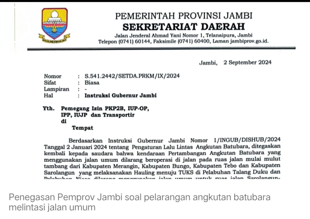 Pemprov Jambi Tegaskan Larangan Angkutan Batubara Gunakan Jalan Umum, Penindakan Siap Dilakukan