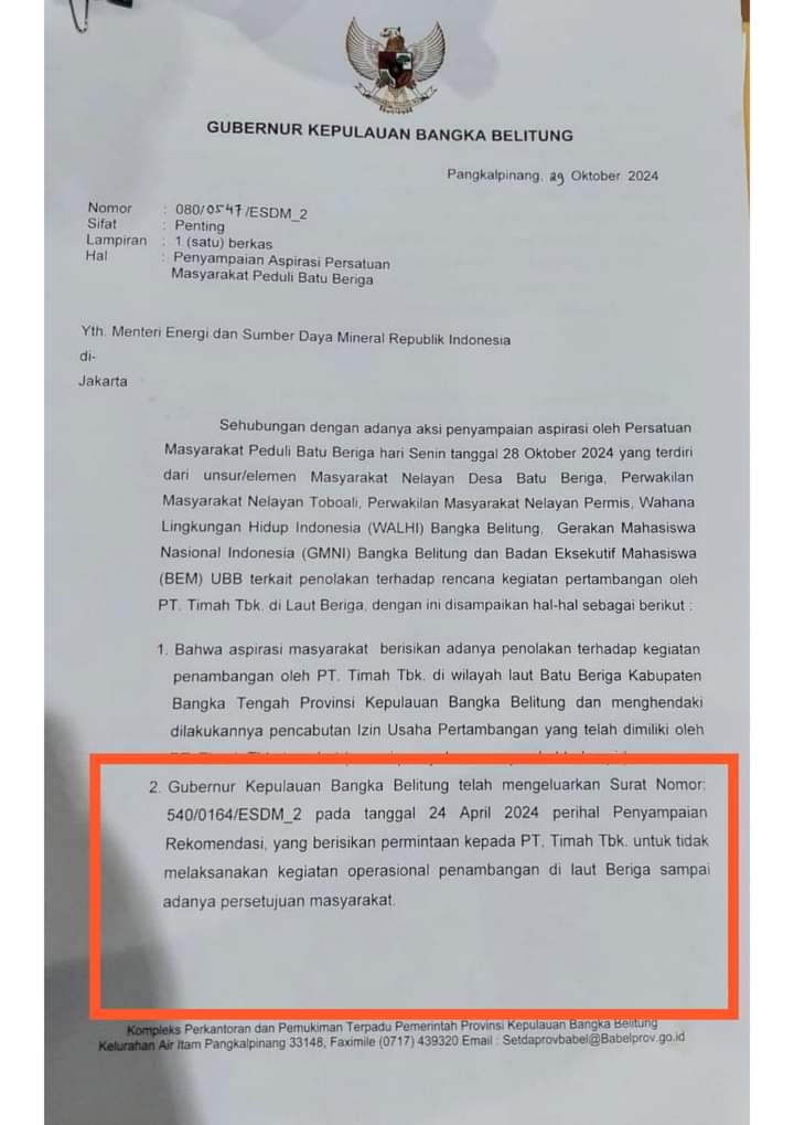 Pj Gubernur Babel Surati PT Timah dan Kementerian ESDM
