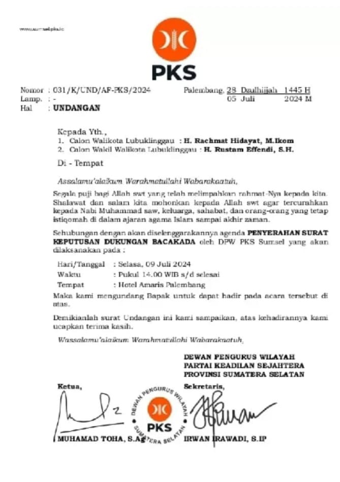 Pilkada Lubuk Linggau, PKS Resmi Dukung YOK-HRE