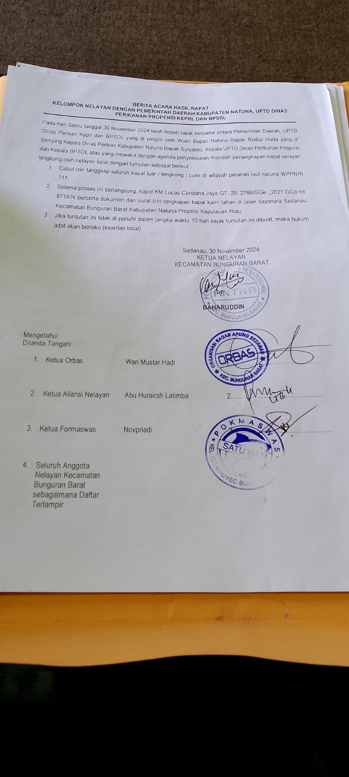 Nelayan Sedanau Serahkan Berita Acara Tuntutan ke Pemda Natuna