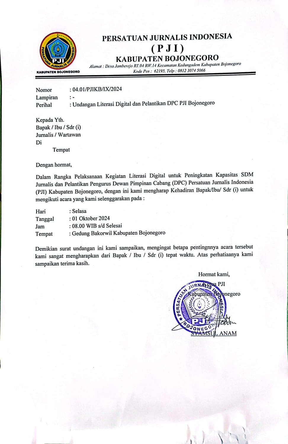 Jelang Pelantikan DPC PJI Bojonegoro, Ini Kata Ketua Umum Hartanto Buchori 

Kunjungan Ketua Umum Hartanto Buchori Jelang Pelantikan DPC PJI Bojonegoro