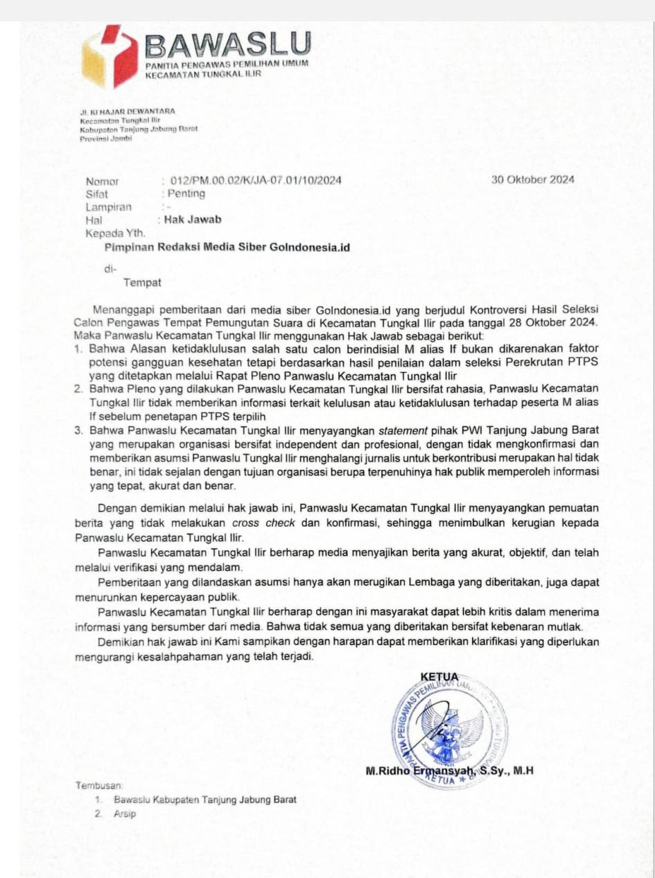 Panwaslu Tungkal Ilir Tanggapi Pemberitaan Tentang Tidak Diakomodirnya Pers dalam Pilkada