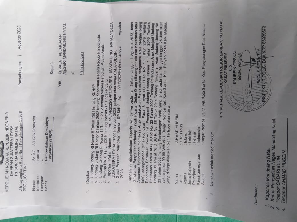 Pelaku Asusila Terhadap Seorang Anak  Umur 7 Tahun  Di Kelurahan Kota Siantar kecamatan Panyabungan  Kabupaten Mandailing Natal Belum di tangkap.